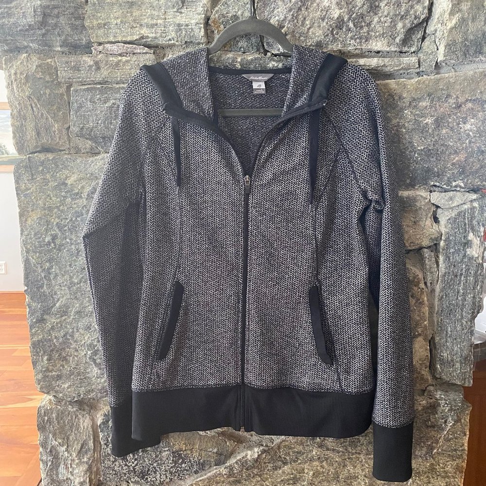 Womens Eddie Bauer Tech Jacket Hoodie Black Gray Houndstooth Pattern, Sz L, NWOT